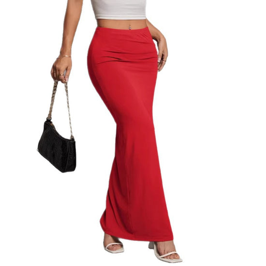 Solid-color High-waisted Elegant Pleated Slit Midi Skirt
